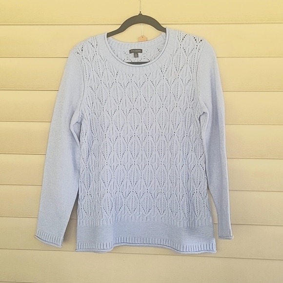 TALBOTS SWEATER LONG SLEEVE MIXED CABLE KNIT WOOL BLEND BLUE SIZE MEDIUM - Picture 2 of 5